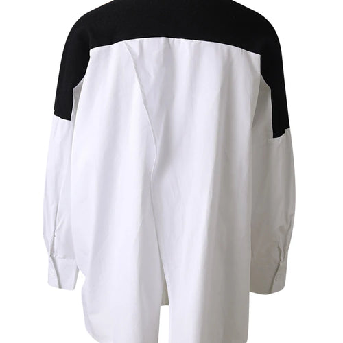 Load image into Gallery viewer, Women Coffee Knitting Spliced Big Size Irregular Blouse New Lapel Long Sleeve Shirt Fashion Spring Autumn 2025 1DJ0105
