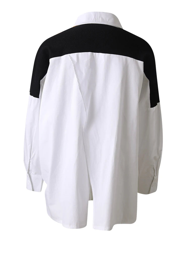 Women Coffee Knitting Spliced Big Size Irregular Blouse New Lapel Long Sleeve Shirt Fashion Spring Autumn 2025 1DJ0105