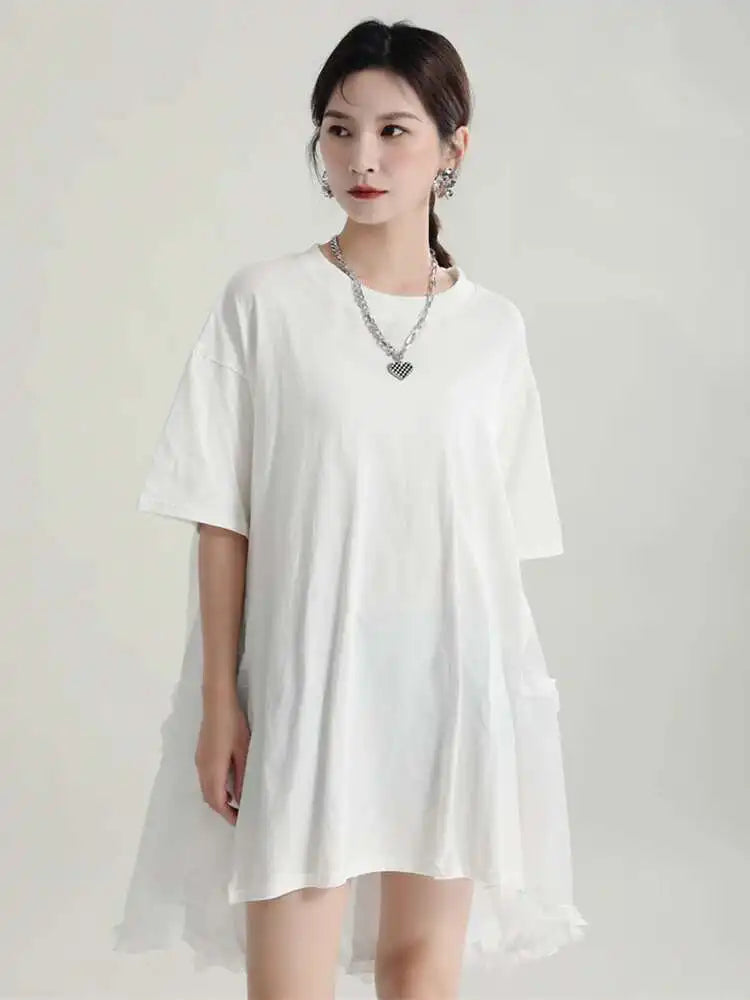 Women Black Ruffles Irregular Big Size Mini Dress New Round Neck Short Sleeve Fashion Tide Spring Summer 2025 1DH9574