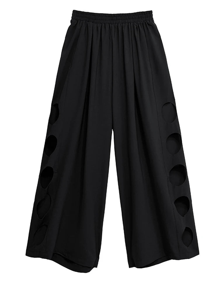 High Elastic Waist Gray Side Hollow Out Long Wide Leg Pants New Trousers Women Fashion Tide Spring Autumn 2025 1DJ1255