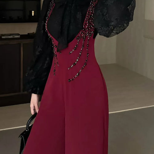 Load image into Gallery viewer, Temperament Two Piece Sets for Women Stand Neck Long Sleeves Spliced Lace Blouse Patchwork Bead Rompers Set Female
