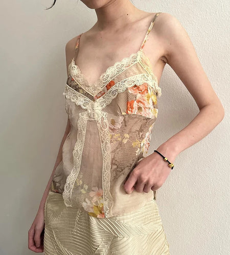 Vintage Floral Snakeskin Printed V-Neck Camis Women Summer Lace Patchwork Mini Tops Holiday Fashion Spaghetti Strap