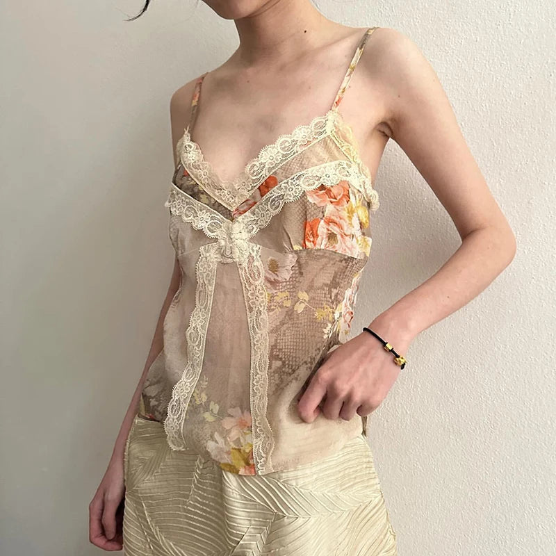 Vintage Floral Snakeskin Printed V-Neck Camis Women Summer Lace Patchwork Mini Tops Holiday Fashion Spaghetti Strap