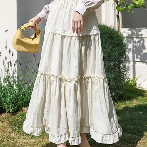 Load image into Gallery viewer, Spring Summer Sweet Retro Beige Pink Temperament Ruffle Edge Cake Long Skirt Women Black White Lace High Waist Party Club Skirts
