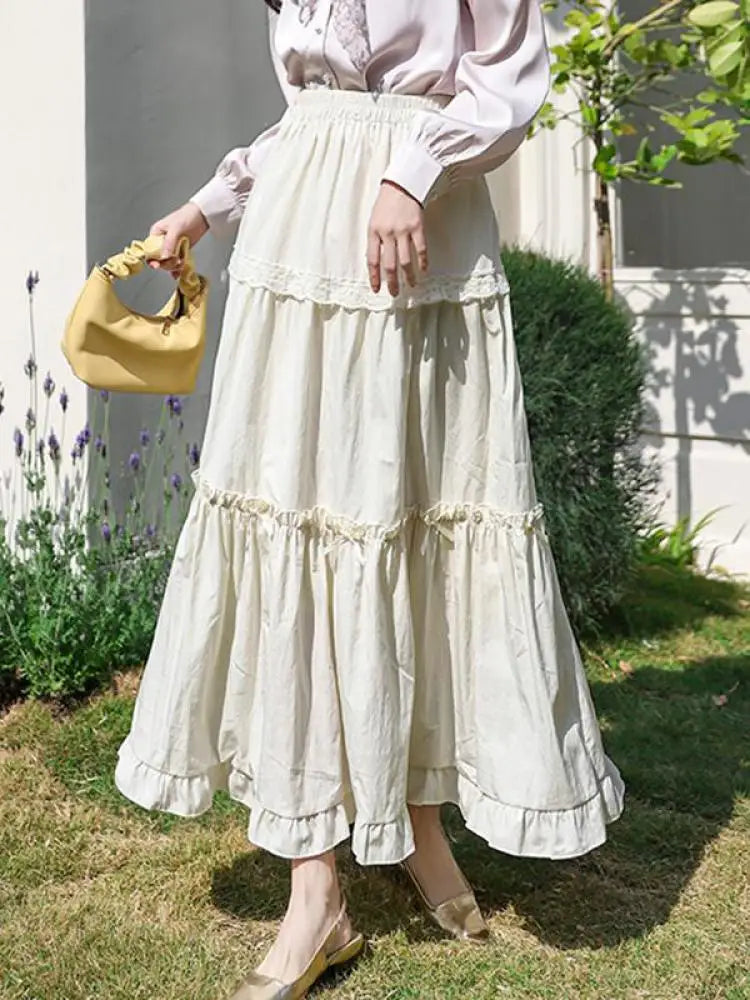 Spring Summer Sweet Retro Beige Pink Temperament Ruffle Edge Cake Long Skirt Women Black White Lace High Waist Party Club Skirts