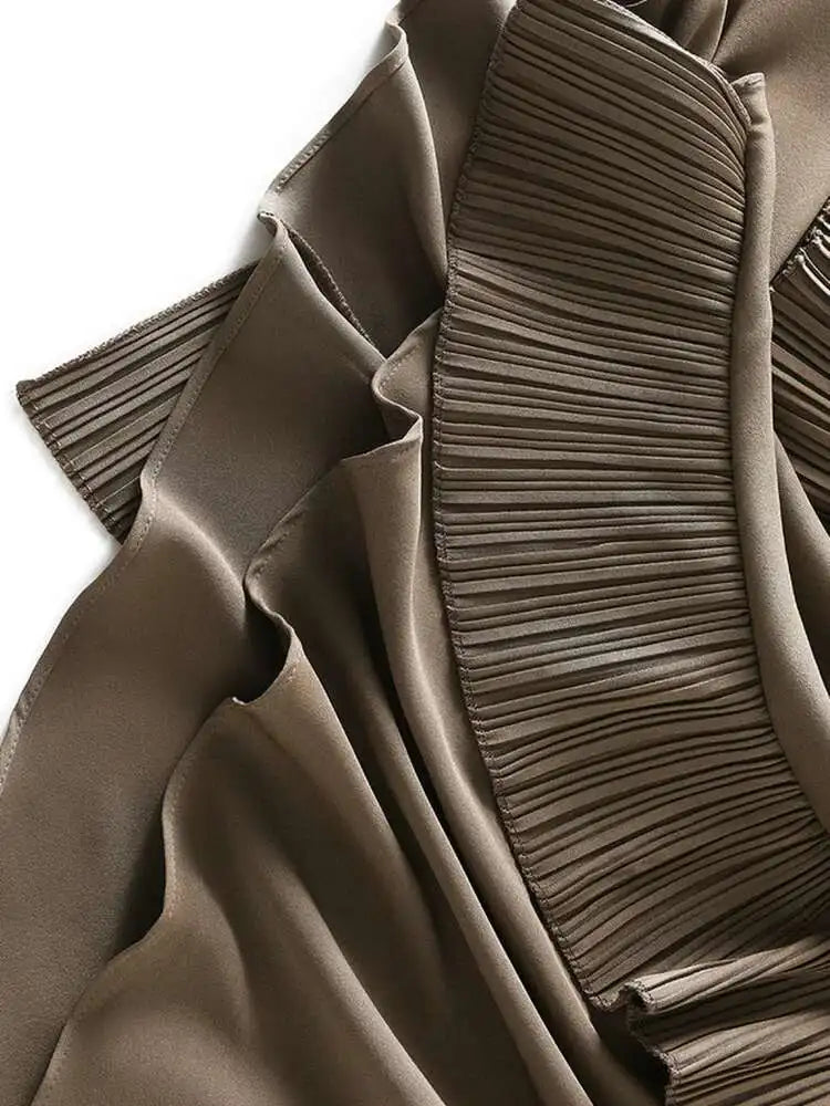 High Elastic Waist Coffee Pleated Ruffles Elegant Half-body Skirt Women Fashion Tide New Spring Autumn 2025  1DJ0431