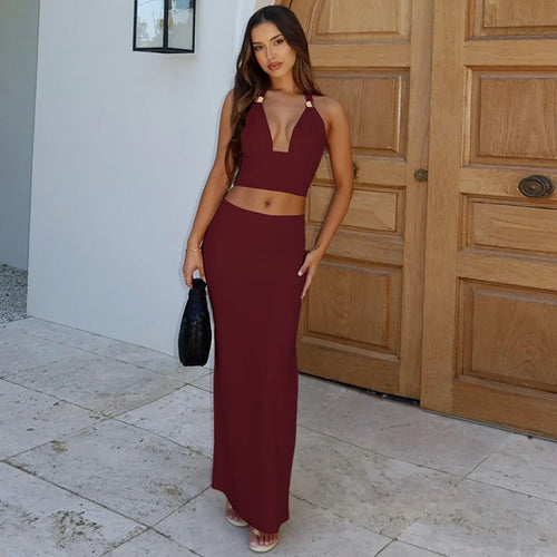 Load image into Gallery viewer, Elegant Summer 2 Piece Sets Women Metal Ring Crop Tops And Maxi Skirt Female Fashion Solid Lace-up Beach Two Piece Sets
