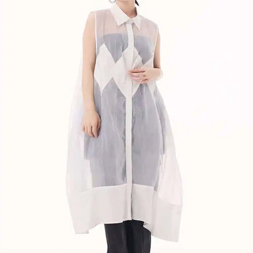 Load image into Gallery viewer, Women Black Mesh Perspective Big Size Long Shirt Dress New Lapel Sleeveless Fashion Tide Spring Summer 2025 1DH9517
