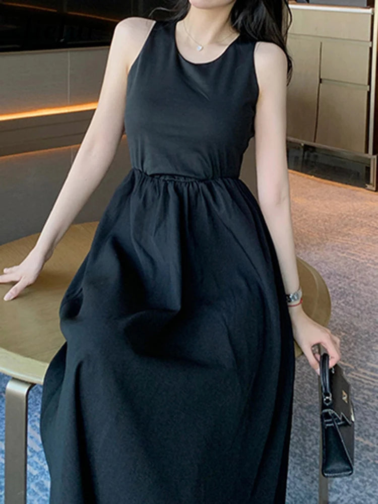 Black O-neck Sleeveless Simple Tank Dress Summer High Waist Slim Solid Color Women's Maxi Dresses Casual Office Ladies