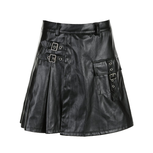 Load image into Gallery viewer, Streetwear Punk Black PU Leather Skirt Women Buckle Fold Fashion Party Pleated Skirt Gothic Dark Cargo Grunge Outfits
