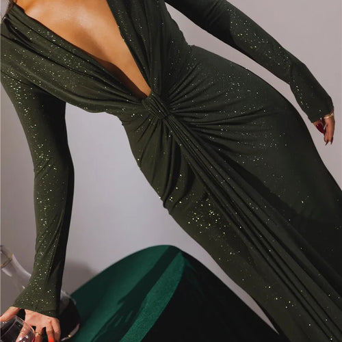 Load image into Gallery viewer, Glitter Deep V Neck Sexy Maxi Dress For Women Elegant Sparkle Long Sleeve Ruched Bodycon Split Club Party Sexy Dress
