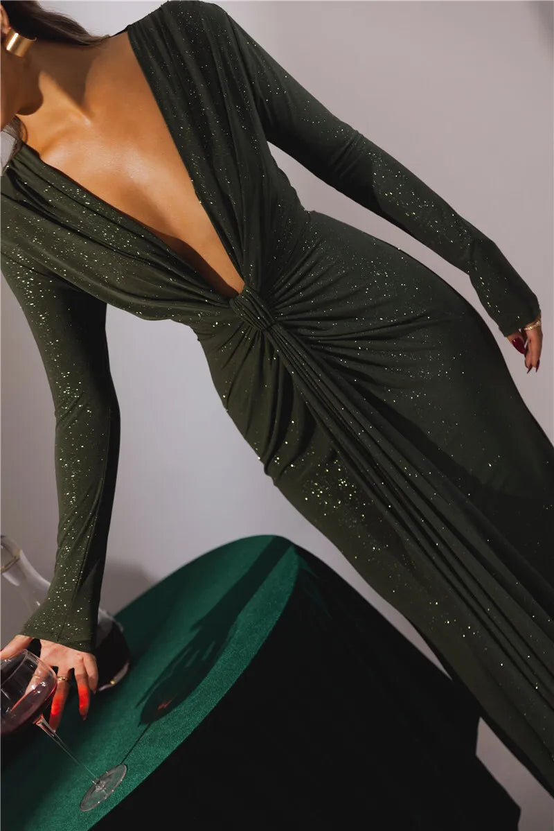 Glitter Deep V Neck Sexy Maxi Dress For Women Elegant Sparkle Long Sleeve Ruched Bodycon Split Club Party Sexy Dress