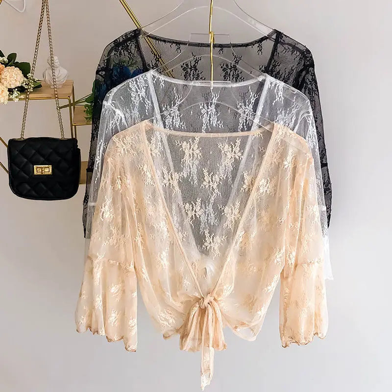 2023 Summer Jackets Lace Shawl Women's Clothing Short Lace-up Sun Protection Shawl Coat Cardigan Top Thin Femme Mujer