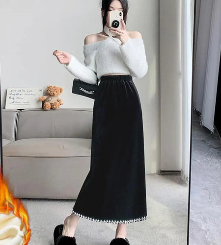 Korean Vintage Elegant Black Velvet Long Skirt Women Autumn Winter High Waist Fashion Office Ladies Slim Straight Split Skirts
