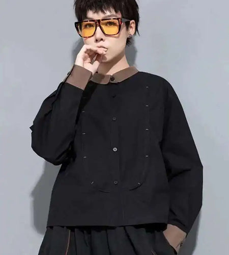 Women Black Color-block Big Size Blouse New Lapel Long Sleeve Loose Fit Shirt Fashion Tide Spring Autumn 2025 1DH0847