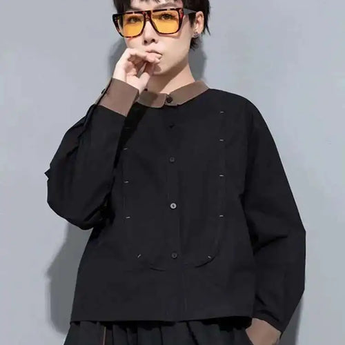 Load image into Gallery viewer, Women Black Color-block Big Size Blouse New Lapel Long Sleeve Loose Fit Shirt Fashion Tide Spring Autumn 2025 1DH0847
