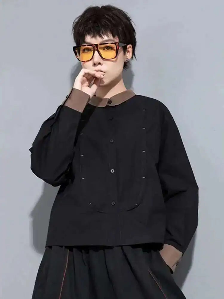 Women Black Color-block Big Size Blouse New Lapel Long Sleeve Loose Fit Shirt Fashion Tide Spring Autumn 2025 1DH0847