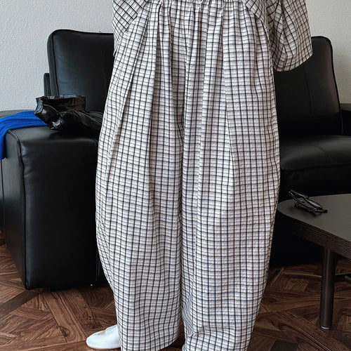 Load image into Gallery viewer, High Elastic Waist Blue Plaid Brief Casual Wide Leg Pants New Trousers Women Fashion Tide Spring Autumn 2025 1DJ0747
