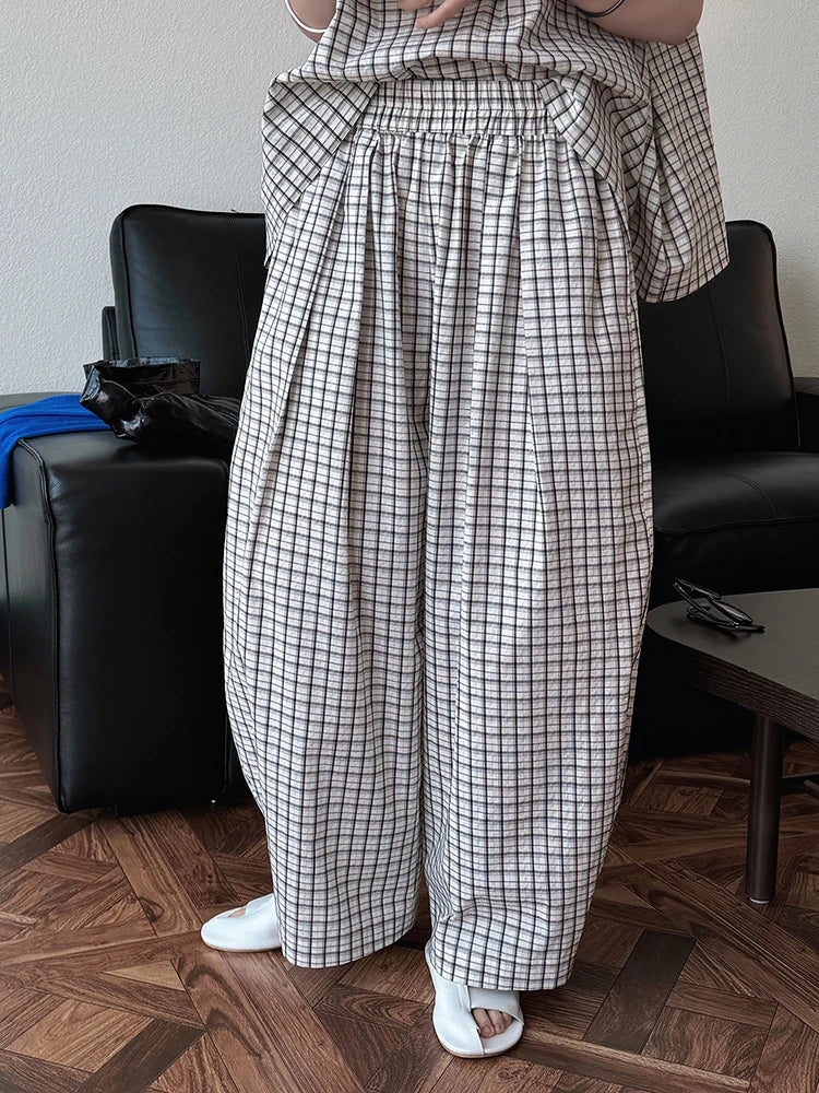 High Elastic Waist Blue Plaid Brief Casual Wide Leg Pants New Trousers Women Fashion Tide Spring Autumn 2025 1DJ0747