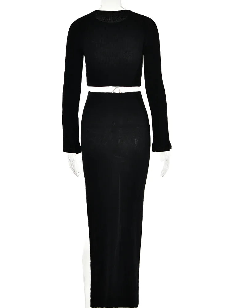 Knitting Sexy Hollow Out High Slit Women's Dress Flare Sleeve Tight O-Neck Dress Party Club Evening Vestidos 2023 New