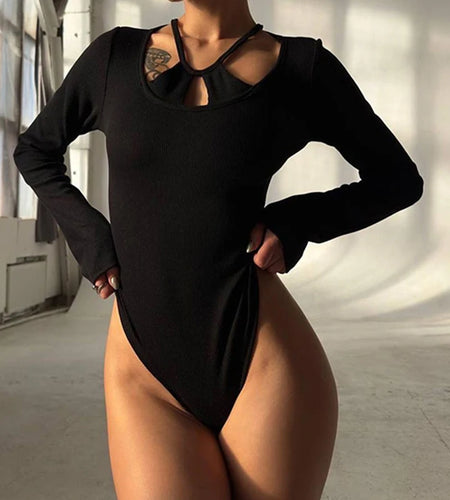 Fashion Black Skinny Sexy Bodysuit Women Halter Neck Solid Party Bodies One Piece Streetwear Autumn Jumpsuit Outfits