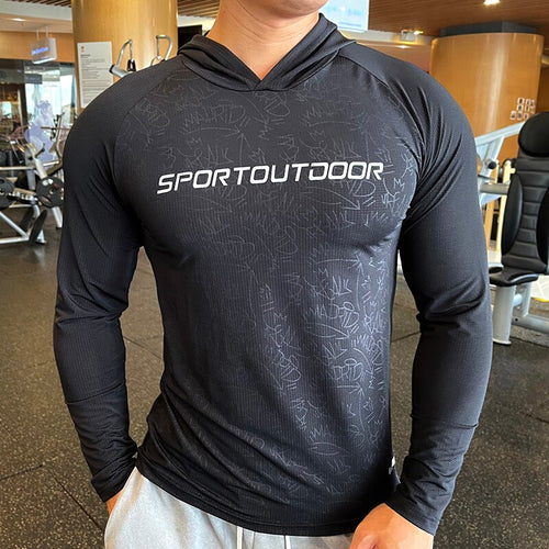 Load image into Gallery viewer, Gym Men T Shirt Casual Long Sleeve Slim Tops Tees Elastic T-shirt Sports Fitness Thin Comfort Breathable Quick Dry Hooded
