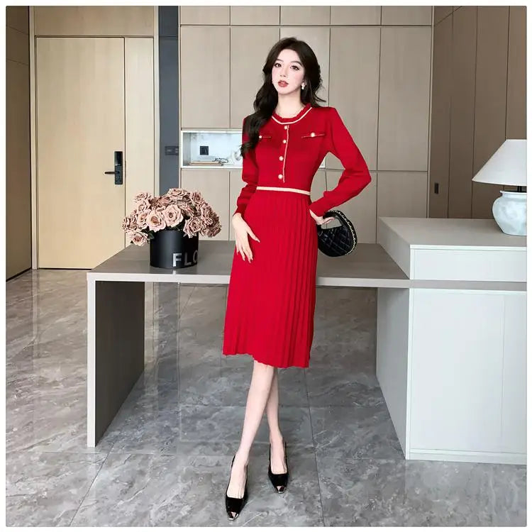 Autumn Winter Fashion Patchwork Long Sleeves Button Knitted Dresses Women's Elegant Round Neck Office Pleated Midi Dress Popular