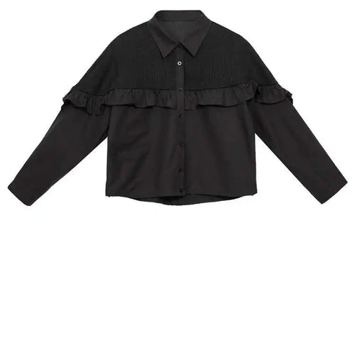 Load image into Gallery viewer, Women Black Ruffles Spliced Big Size Casual Blouse New Lapel Long Sleeve Shirt Fashion Tide Spring Autumn 2025 1DJ0476
