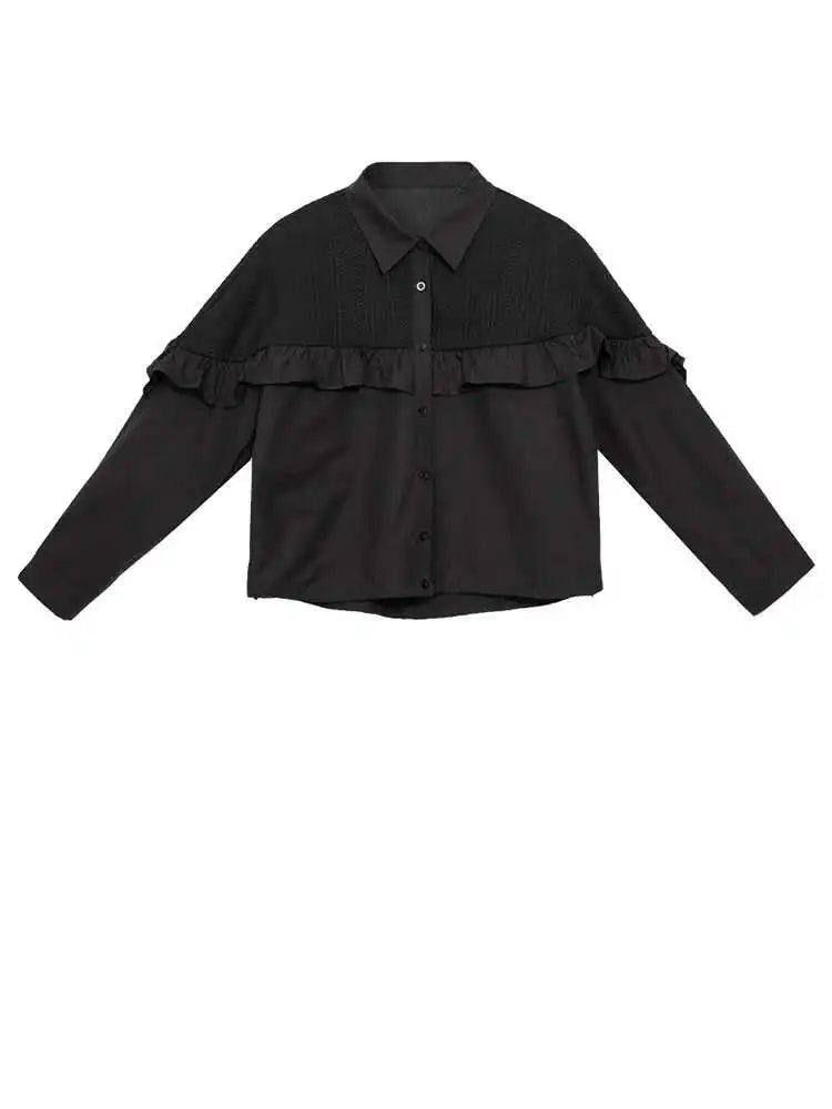 Women Black Ruffles Spliced Big Size Casual Blouse New Lapel Long Sleeve Shirt Fashion Tide Spring Autumn 2025 1DJ0476