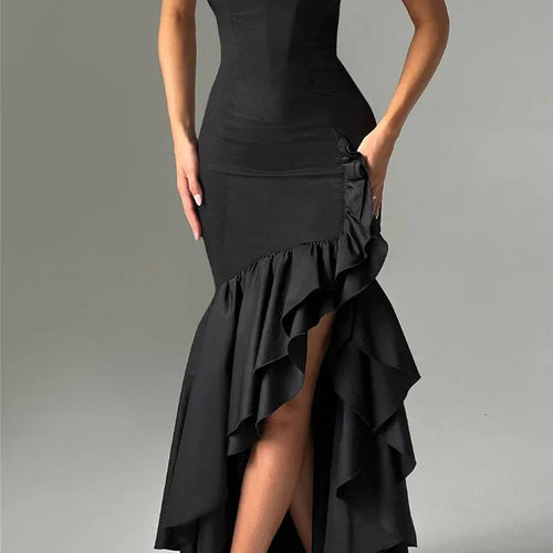Load image into Gallery viewer, Strapless High Split Ruffle Long Dress For Women Fashion Off-shoulder Backless Sleeveless Bodycon Club Party Sexy Dress
