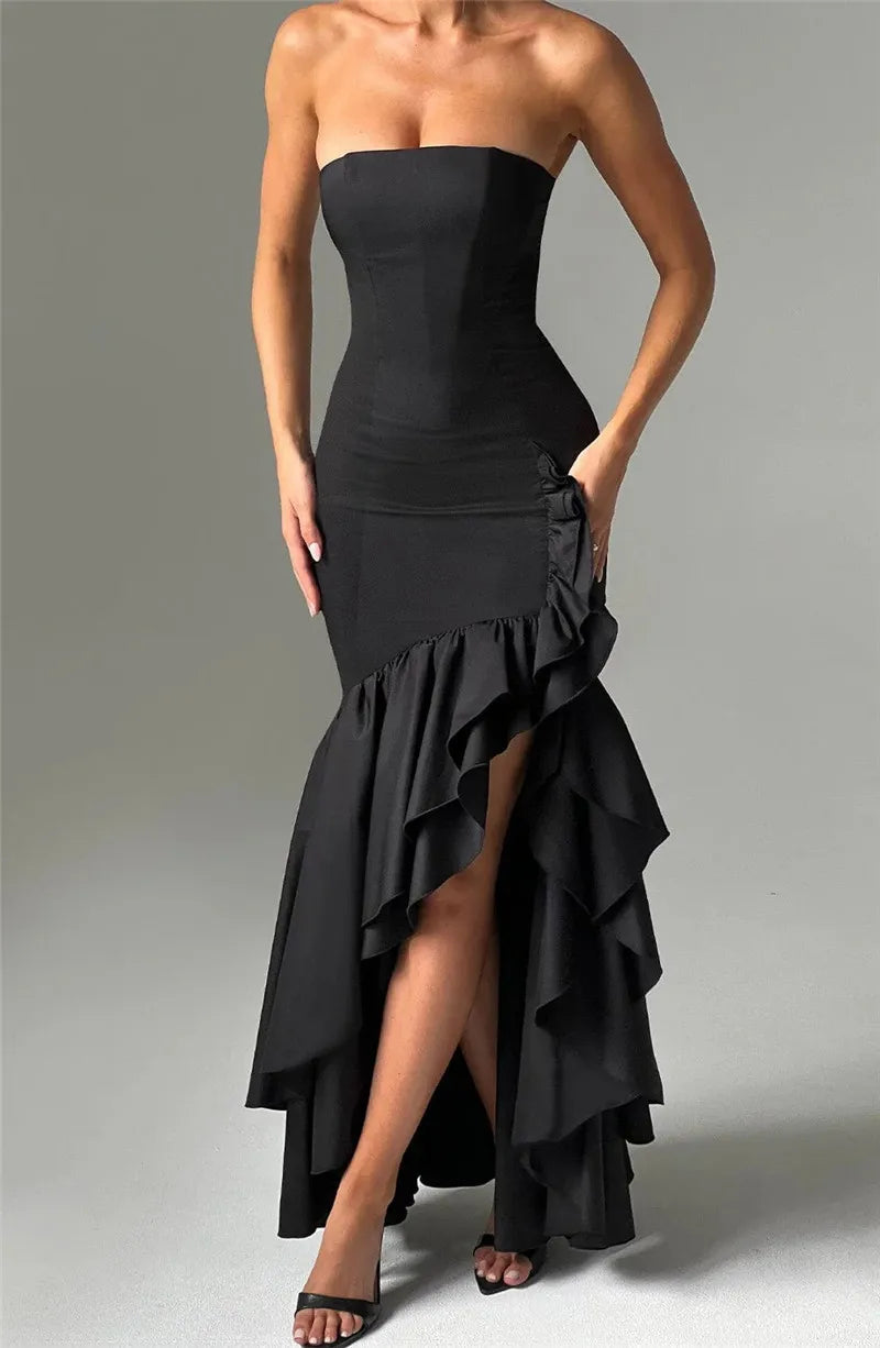 Strapless High Split Ruffle Long Dress For Women Fashion Off-shoulder Backless Sleeveless Bodycon Club Party Sexy Dress