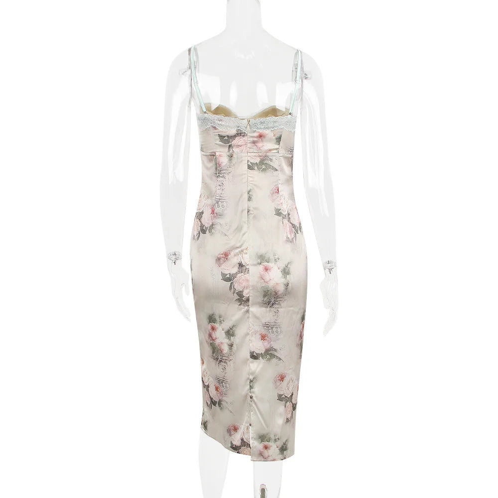 Spaghetti Strap Lace Print Midi Dress For Women Robe Strapless Backless High Waist Bodycon Club Party Long Dress