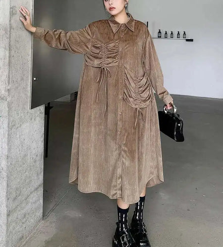 Women Khaki Drawstring Irregular Big Size Elegant Midi Dress New Long Sleeve Fashion Tide Spring Autumn 2025 1DH7270