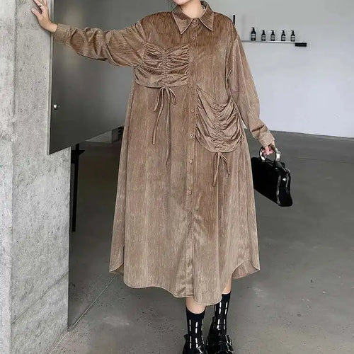 Load image into Gallery viewer, Women Khaki Drawstring Irregular Big Size Elegant Midi Dress New Long Sleeve Fashion Tide Spring Autumn 2025 1DH7270
