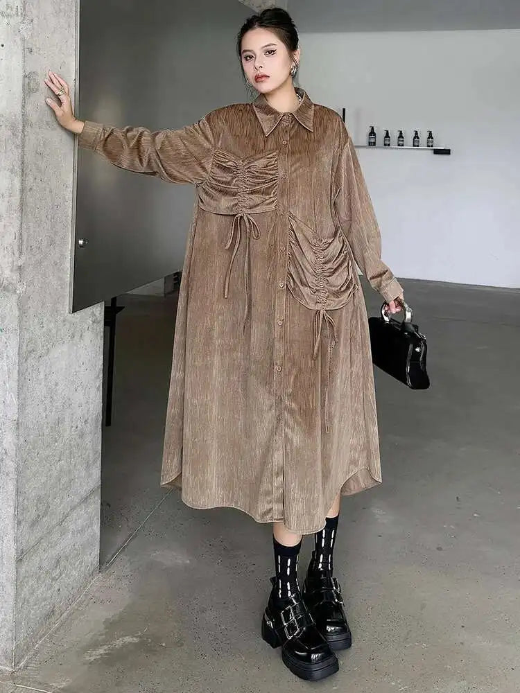 Women Khaki Drawstring Irregular Big Size Elegant Midi Dress New Long Sleeve Fashion Tide Spring Autumn 2025 1DH7270