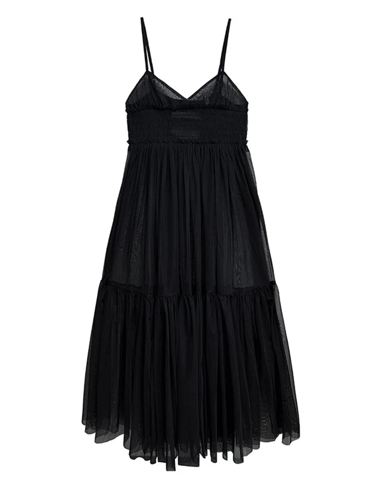 Women Black Mesh Perspective Elegant Spaghetti Strap Dress New V-Neck Sleeveless Fashion Tide Spring Summer  2025 1DJ0845