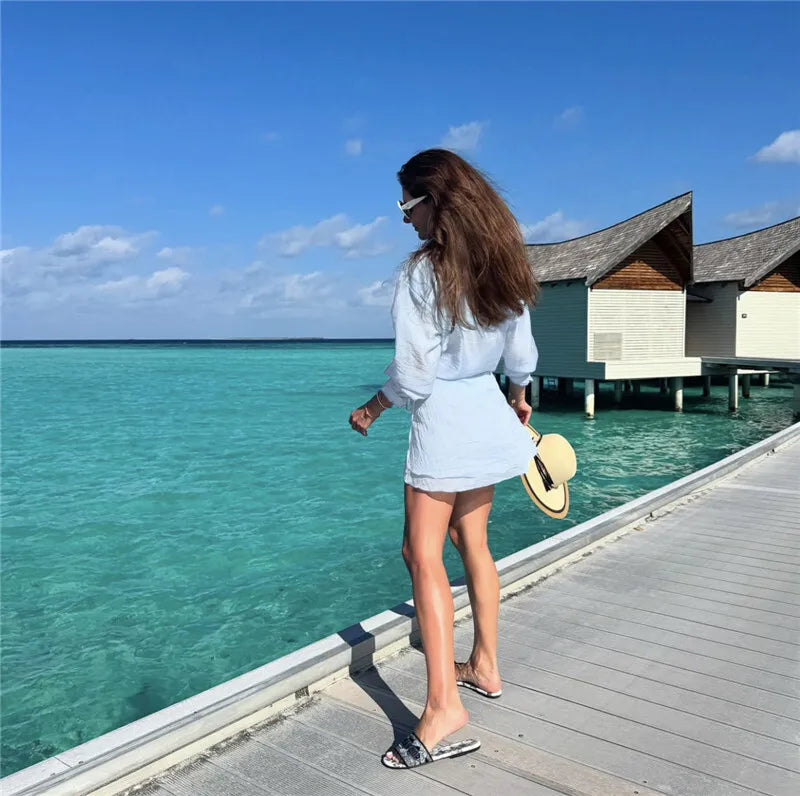 Summer Beach Two Piece Sets Women Long Sleeve Shirt And Mini Skirt Female See Through Loose 2 Piece Set Beachwear