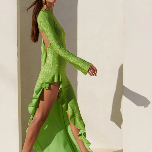 Load image into Gallery viewer, Glitter Thigh High Split Sexy Maxi Dress For Women Gown O Neck Long Sleeve Backless Ruffled Shiny Long Dress Gown
