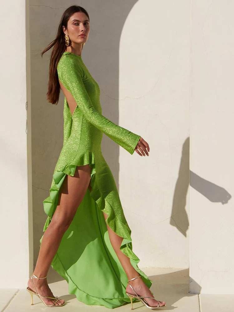 Glitter Thigh High Split Sexy Maxi Dress For Women Gown O Neck Long Sleeve Backless Ruffled Shiny Long Dress Gown