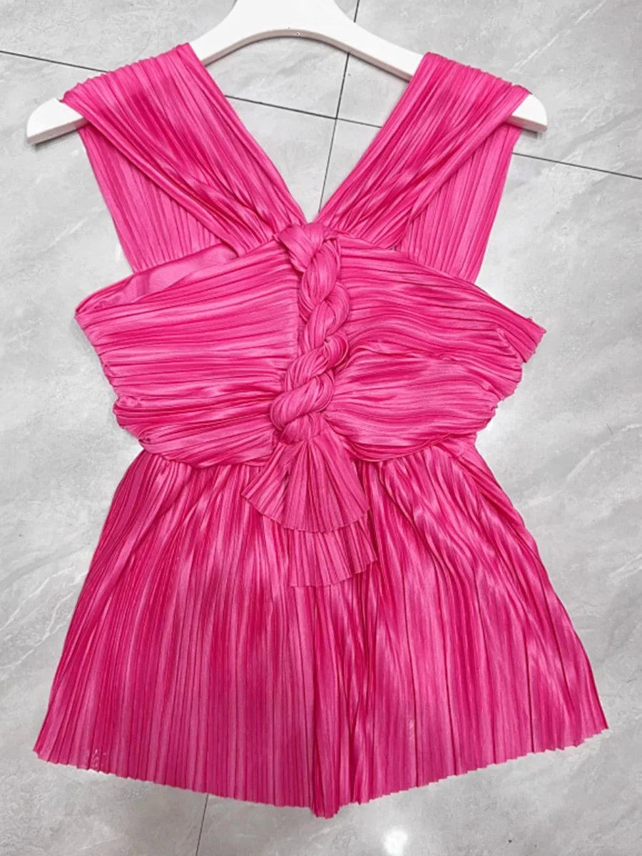 Solid Minimalist Spliced Folds Vest For Women V Neck Sleeveless Tunic Slimming Vests Female Fashion Style Clothes