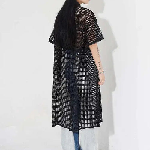 Load image into Gallery viewer, Women Black Mesh Perspective Midi Big Size Shirt Dress New Lapel Short Sleeve Fashion Tide Spring Summer 2025 1DH4934
