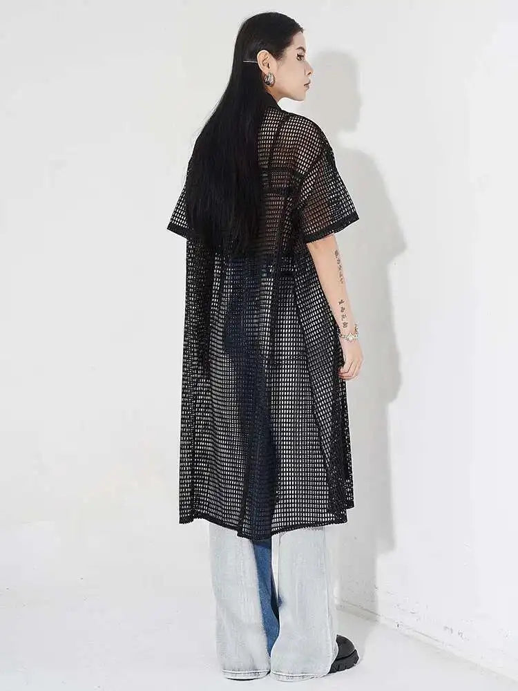 Women Black Mesh Perspective Midi Big Size Shirt Dress New Lapel Short Sleeve Fashion Tide Spring Summer 2025 1DH4934