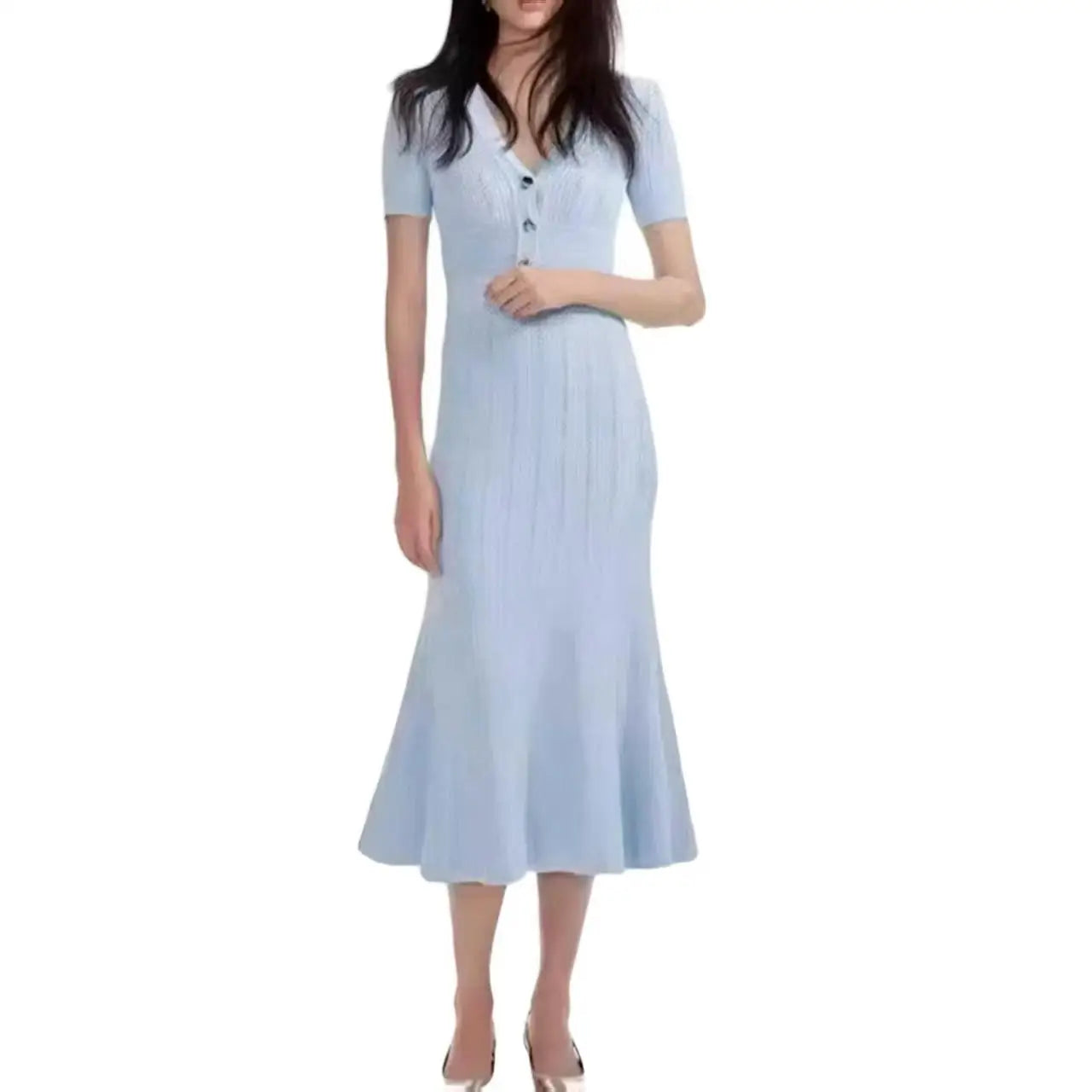Korean Summer Black White Elegant Office Knit Long Dress Women Blue Red V-neck Slim Short Sleeve Single Breasted Fishtail Dress