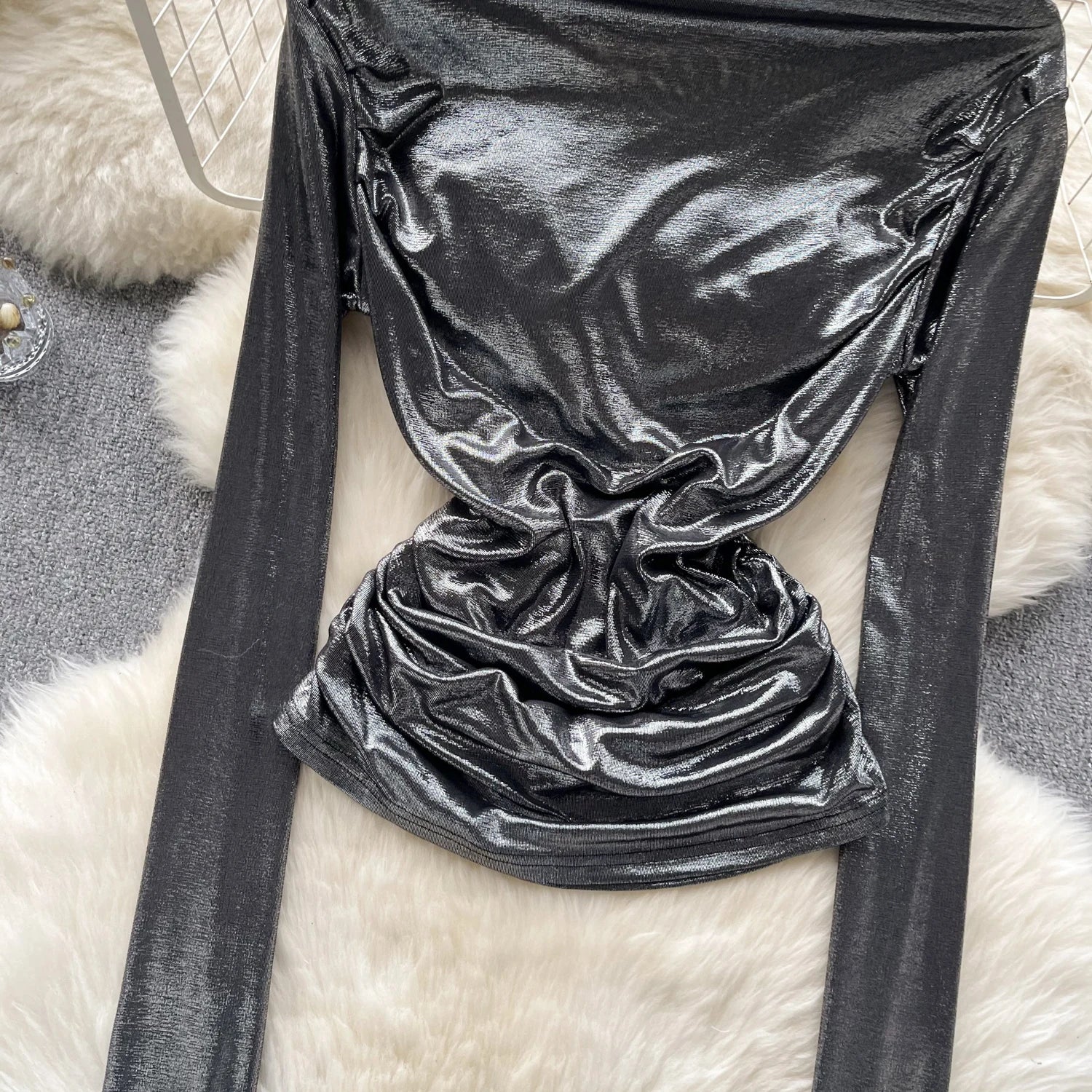 Solid Sexy Off Shoulder Long Sleeve Bright Pleated Tops Women's Autumn 2023 New Elegant Slim Versatile Bottom Shirt Trend Simple