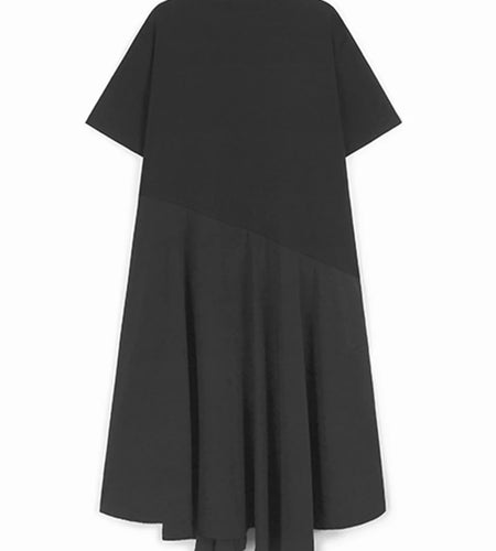 Women Black Irregular Spliced Big Size Casual Dress New Round Neck Short Sleeve Fashion Tide Spring Summer 2025 1DJ1188