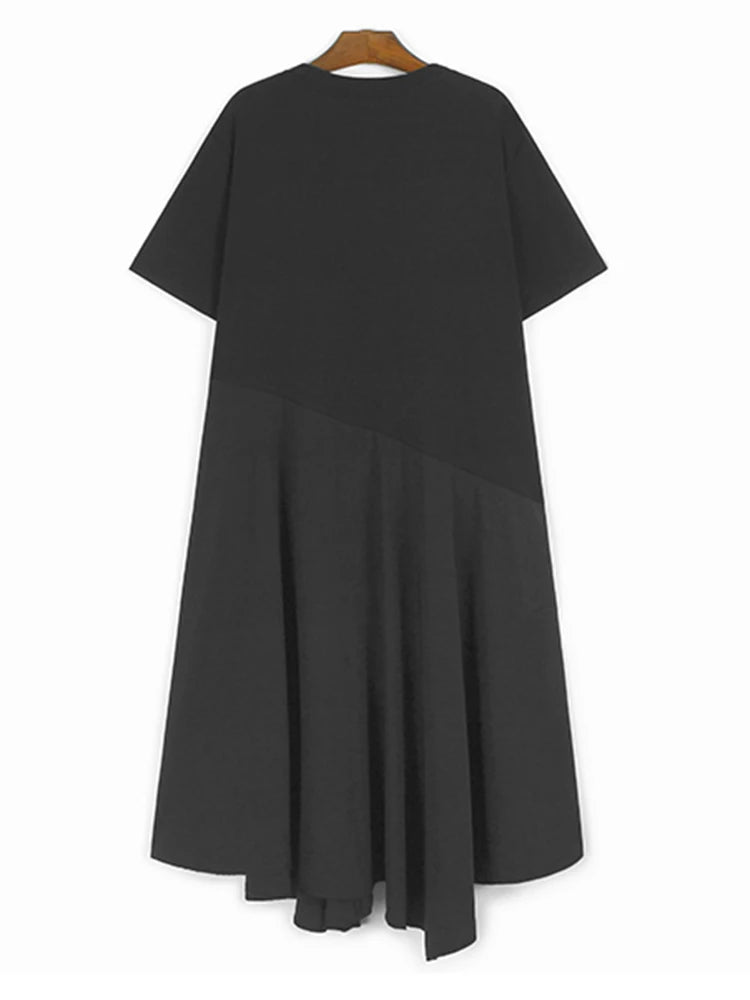 Women Black Irregular Spliced Big Size Casual Dress New Round Neck Short Sleeve Fashion Tide Spring Summer 2025 1DJ1188