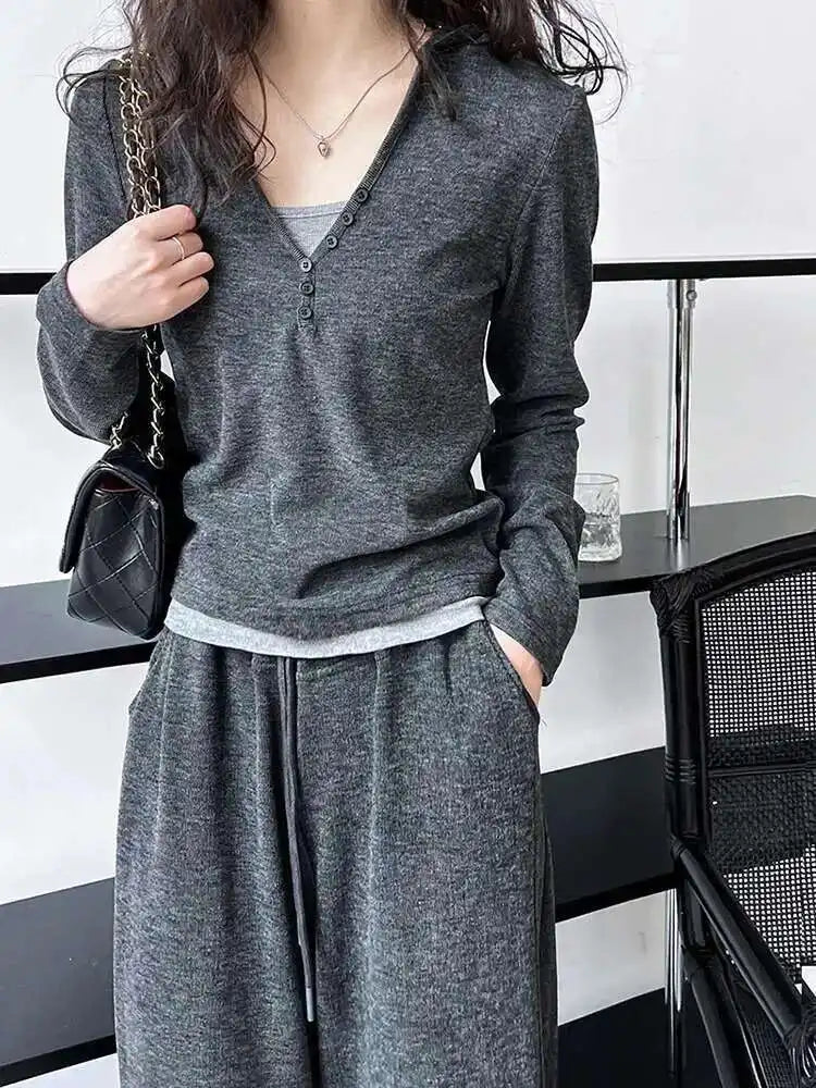 Gray Soft Casual T-shirt Wide Leg Pants Three  Piece Suit New Hooded Long Sleeve Women Fashion Spring Autumn 2025 1DH6649