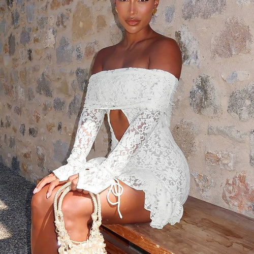 Load image into Gallery viewer, Floral Print Slash Neck Long Sleeve Lace Up Hollow Out Sexy Slim Pleated Mini Dress Women Elegant Outfit Party Festival
