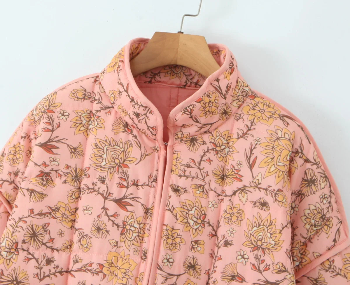 Fashion Women Autumn Short Quilted Coats Flower Print Long Sleeves Coats Chic Loose Single Breasted Jacket 2024