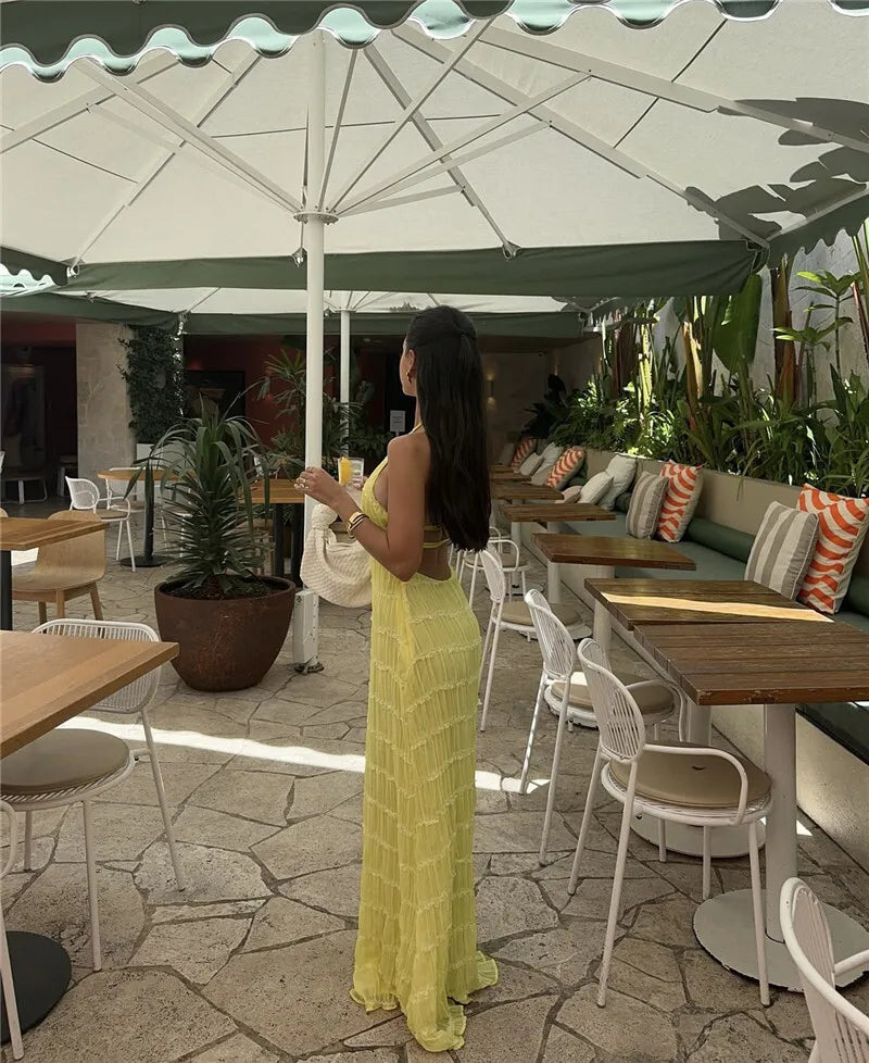 Halter Backless Sexy Maxi Dress For Women Spring Summer New Lace-up Sleeveless Pleated Beach Holiday Long Dress Elegant